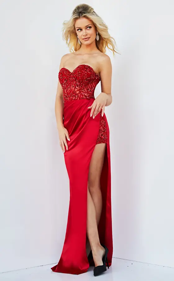Jovani 22911 Red Embellished Bodice Strapless Dress
